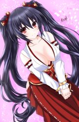 Rule 34 | bare shoulders, black hair, breasts, cleavage, dress, highres, long hair, medium breasts, neptune (series), noire (neptunia), pink background, red eyes, ribbon, shaah candidate, skirt, smile, tsundere, twintails