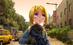 Rule 34 | 10s, 1girl, assault rifle, backpack, bag, black gloves, black scarf, blonde hair, blue coat, blue eyes, building, car, city, coat, commentary, day, fur-trimmed sleeves, fur trim, gloves, gun, kemono friends, looking away, motor vehicle, neanderthal man (kemono friends) (welt (kinsei koutenkyoku)), original, outdoors, parted lips, personification, power lines, rifle, scarf, short hair, signature, solo, upper body, weapon, welt (kinsei koutenkyoku)