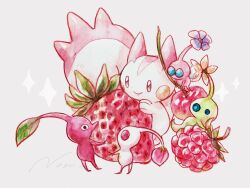 Rule 34 | alternate color, cherry, closed mouth, crossover, flower, food, fruit, full body, gen 4 pokemon, glow pikmin, grey background, highres, holding, leaf, looking at another, nintendo, non (kumakawayusu), orange flower, pachirisu, pikmin (creature), pikmin (series), pokemon, pokemon (creature), purple flower, raspberry, red pikmin, shiny pokemon, smile, sparkle, standing, strawberry, white pikmin