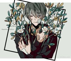 Rule 34 | 1boy, bandage on face, bandaged hand, bandages, bandaid, bandaid on face, bandaid on hand, black hoodie, branch, closed mouth, commentary request, flower, grey background, grey eyes, grey hair, half-closed eyes, hands on own chest, hands up, highres, hood, hood down, hoodie, kankara nashi, leaf, male focus, original, short hair, solo, square, twitter username, upper body, white flower
