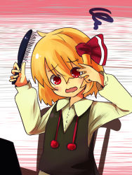 Rule 34 | 1girl, blonde hair, brushing hair, brushing own hair, chair, embodiment of scarlet devil, female focus, hair brush, murani, open mouth, rumia, sitting, solo, squiggle, touhou, upper body, wavy mouth