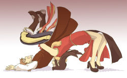 Rule 34 | 1boy, 1girl, animal, animal around neck, boots, brown coat, brown footwear, brown hair, clenched teeth, clown (ragnarok online), coat, commentary request, detached sleeves, dress, fox, full body, german suplex, grey pants, high heels, long hair, looking at another, nyt (1-0-z), open mouth, pants, pelvic curtain, professor (ragnarok online), ragnarok online, red dress, red sleeves, shirt, short hair, sleeveless, sleeveless coat, sleeveless dress, striped sleeves, suplex, teeth, two-tone pants, white shirt, yellow pants, yellow sleeves