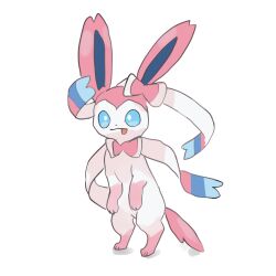 Rule 34 | blue eyes, bow, closed mouth, creatures (company), fishburi, game freak, gen 6 pokemon, nintendo, pokemon, pokemon (creature), ribbon, simple background, solo, standing, sylveon, tongue, tongue out, white background