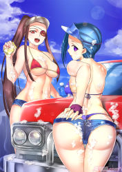 Rule 34 | 2girls, :d, :o, abs, alternate costume, ass, back, bare arms, bare back, bare legs, bare shoulders, bikini, bikini top only, blue hair, bottle, breasts, brown eyes, car, car wash, cleavage, cloud, day, dengeki hime, denim, denim shorts, eyepatch, female focus, fingerless gloves, foam, gloves, hand on own ass, hand up, hat, holding, kakouen, kakouton, kantaka, koihime musou, large breasts, leaning, leaning forward, legs, lens flare, long hair, looking at viewer, looking back, medium breasts, midriff, motor vehicle, multiple girls, navel, official art, open mouth, outdoors, panties, ponytail, purple bikini, purple eyes, purple gloves, purple panties, red bikini, red eyes, round teeth, short hair, short shorts, shorts, sky, smile, soap, sponge, standing, swimsuit, teeth, thigh gap, thighs, thong, thong bikini, underboob, underwear, vehicle, very long hair, visor cap, washing, washing vehicle, watermark, whale tail (clothing)