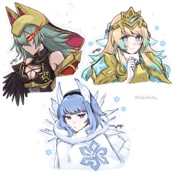 Rule 34 | 3girls, bare shoulders, black feathers, black hairband, blonde hair, blue eyes, blue hair, breasts, cleavage, cleavage cutout, clothing cutout, coat, crown, dark-skinned female, dark skin, earrings, feather trim, feathers, fire emblem, fire emblem heroes, fjorm (fire emblem), flaming eye, gloves, gradient hair, green hair, hairband, highres, ice horns, jewelry, laegjarn (fire emblem), medium breasts, misato hao, multicolored hair, multiple girls, nifl (fire emblem), nintendo, official alternate costume, official alternate hairstyle, signature, simple background, snowflakes, twitter username, upper body, white background, white gloves