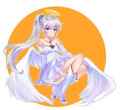 Rule 34 | 1girl, angel, angel wings, bare shoulders, blue eyes, boots, bridal garter, collarbone, fake halo, female focus, garter straps, halo, highres, iesupa, long hair, outside border, ponytail, round image, rwby, scar, scar across eye, scar on face, side ponytail, solo, split mouth, tiara, weiss schnee, white hair, wings