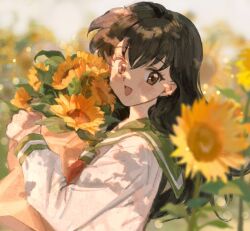 Rule 34 | 1girl, :d, blurry, blurry background, blush, bouquet, brown eyes, brown hair, depth of field, flower, from side, green sailor collar, hair between eyes, higurashi kagome, holding, holding bouquet, hugging object, inuyasha, ling5707, long hair, long sleeves, looking at viewer, neckerchief, open mouth, red neckerchief, sailor collar, shirt, sidelocks, sleeve cuffs, smile, solo, sunflower, upper body, white shirt, yellow flower