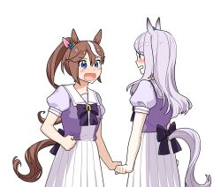 Rule 34 | 2girls, absurdres, animal ears, blue eyes, blush, bow, bowtie, breasts, brown hair, clenched hands, clothing cutout, dress, feet out of frame, habsida (habsida hpy), highres, horse ears, horse girl, horse tail, long hair, looking at another, mejiro mcqueen (umamusume), multicolored hair, multiple girls, open mouth, ponytail, puffy short sleeves, puffy sleeves, purple dress, purple hair, purple skirt, sailor collar, school uniform, short sleeves, simple background, skirt, small breasts, standing, streaked hair, tail, tail through clothes, tokai teio (umamusume), tracen school uniform, umamusume, white background, white skirt