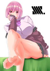 Rule 34 | 10s, 1girl, artist request, barefoot, blush, breasts, crossed legs, feet, female focus, foot focus, from below, gridman universe, large breasts, light purple hair, looking at viewer, pink eyes, pov, shinjou akane, sitting, soles, solo, ssss.gridman, toes