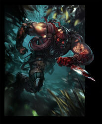 Rule 34 | 1boy, absurdres, blood, blood on face, blood on hands, bloody weapon, bracer, clenched hand, clenched teeth, daryl mandryk, dog tags, forest, headband, highres, holding, holding knife, joseph turok, knee pads, knife, male focus, mohawk, muscular, muscular male, nature, outdoors, red headband, rope, running, solo, teeth, thigh strap, turok, weapon