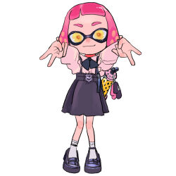Rule 34 | 1girl, black footwear, black ribbon, blunt bangs, charm (object), domino mask, double v, full body, gyaru v, highres, inkling, inkling girl, inkling player character, jirai kei, ken sogen, long sleeves, looking at viewer, mask, neck ribbon, nintendo, outstretched arms, pigeon-toed, pink hair, pink shirt, pointy ears, ribbon, shirt, shoulder strap, simple background, skirt, smile, socks, solo, splatoon (series), standing, suspender skirt, suspenders, thick eyebrows, v, white background, white socks, yellow eyes