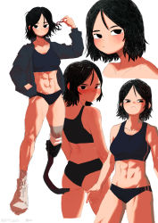 Rule 34 | 1girl, :/, abs, absurdres, amputee, black eyes, black hair, blush, collarbone, frown, full body, highres, jacket, kms2605, looking at viewer, looking back, looking to the side, medium hair, mole, mole under eye, multiple views, original, prosthesis, prosthetic leg, simple background, sports bra, sportswear, toned, white background