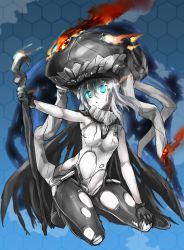 Rule 34 | 10s, 1girl, abyssal ship, aqua eyes, cape, fire, fire, gloves, glowing, glowing eyes, hat, hexagon, kantai collection, long hair, magu (mugsfc), open mouth, pale skin, silver hair, solo, staff, teeth, torn clothes, wo-class aircraft carrier