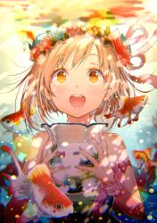 Rule 34 | 1girl, aiba yumi, air bubble, bare shoulders, blonde hair, blush, brown eyes, bubble, commentary request, fish, fish tank, floating hair, flower, goldfish, hair flower, hair ornament, hair ribbon, headband, highres, holding, idolmaster, idolmaster cinderella girls, looking at viewer, open mouth, ribbon, scrunchie, short hair, smile, solo, submerged, underwater, water, wrist scrunchie, yae (mono110)