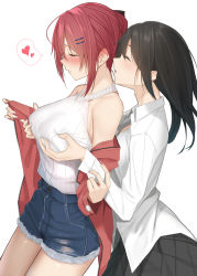 Rule 34 | 2girls, black hair, blush, grabbing another&#039;s breast, breasts squeezed together, breasts, collarbone, closed eyes, grabbing, heart, highres, medium breasts, medium hair, multiple girls, open mouth, original, pallad, red hair, shorts, simple background, skirt, thighs, white background, yuri