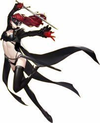 Rule 34 | 1girl, alternate costume, boots, breasts, cape, cleavage, cropped jacket, female focus, frilled sleeves, frills, full body, gloves, high heels, holding, holding sword, holding weapon, long sleeves, mask, navel, pale skin, panties, persona, persona 5, persona 5 the royal, ponytail, red eyes, red hair, revealing clothes, smile, solo, stomach, sword, thigh boots, thighhighs, third-party edit, underwear, weapon, yoshizawa kasumi