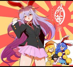 Rule 34 | 5girls, @ @, animal ears, black hair, black jacket, blazer, blonde hair, blue dress, blue hair, blush, breasts, brown headwear, carrot necklace, chinese zodiac, closed eyes, collared shirt, commentary request, dress, hair between eyes, hand up, hat, holding, holding pom poms, inaba tewi, jacket, jewelry, long hair, long sleeves, medium breasts, miniskirt, mizuga, multiple girls, necklace, necktie, new year, no mouth, open mouth, pink dress, pink skirt, pleated skirt, pom pom (cheerleading), pom poms, purple hair, rabbit ears, rabbit girl, red necktie, reisen (touhou bougetsushou), reisen udongein inaba, ringo (touhou), seiran (touhou), shirt, short hair, short sleeves, shorts, skirt, smile, striped clothes, striped shorts, touhou, translation request, vertical-striped clothes, vertical-striped shorts, very long hair, white shirt, year of the rabbit, yellow shirt, yellow shorts