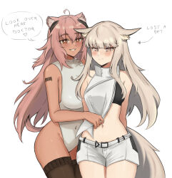 Rule 34 | 2girls, ahoge, animal ear fluff, animal ears, arknights, barcode, barcode tattoo, bare arms, bare shoulders, black thighhighs, blush, breasts, brown eyes, commentary, cowboy shot, crop top, fangs (fangs art), gravel (arknights), grey hair, groin, highres, large breasts, leotard, long hair, looking at viewer, midriff, multiple girls, navel, pink hair, platinum (arknights), short shorts, shorts, shoulder tattoo, simple background, sleeveless, standing, stomach, strapless, strapless leotard, tail, tattoo, thighhighs, thighs, very long hair, white background, white leotard, white shorts