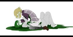 Rule 34 | 1boy, 1girl, aojiru (yume 2kki), bandages, blonde hair, couple, dirty, expressionless, eye contact, full body, girl on top, green eyes, green hair, hands on another&#039;s face, highres, kaname, letterboxed, looking at another, pajamas, purple eyes, simple background, skirt, thighhighs, turtleneck, urotsuki, yume 2kki, zettai ryouiki