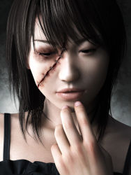 Rule 34 | 1girl, black hair, blood, bruise, bruised eye, female focus, gradient background, injury, realistic, solo, staples, yoshitaka kawakami