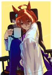Rule 34 | 1girl, agnes tachyon (umamusume), ahoge, animal ears, border, bow, brown hair, closed mouth, coat, coffee mug, commentary request, cup, earrings, feet out of frame, highres, holding, holding cup, horse ears, horse girl, horse tail, jewelry, lab coat, long sleeves, messy hair, mug, natsunori, on chair, open clothes, open coat, outside border, pleated skirt, purple serafuku, purple shirt, purple skirt, purple thighhighs, red eyes, sailor collar, school uniform, serafuku, shirt, short hair, simple background, single earring, sitting, skirt, smile, solo, tail, thighhighs, tracen school uniform, umamusume, white border, white bow, white coat, winter uniform, yellow background