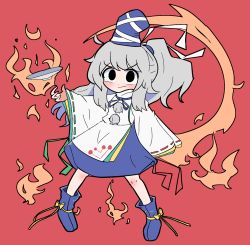 Rule 34 | 1girl, black eyes, blue footwear, blue hat, blue skirt, blush, boots, bow, closed mouth, detached sleeves, fire, footwear bow, full body, grey hair, hat, highres, japanese clothes, kariginu, long sleeves, malrangdonut, medium hair, mononobe no futo, pyrokinesis, red background, ribbon-trimmed sleeves, ribbon trim, sidelocks, simple background, skirt, sleeves past fingers, sleeves past wrists, smile, solo, standing, tate eboshi, touhou, v-shaped eyebrows, wide sleeves, yellow bow