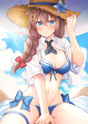 Rule 34 | 1girl, bikini, blue bikini, blue eyes, blush, braid, breasts, brown hair, brown hat, cleavage, closed mouth, hair between eyes, hat, heart, kantai collection, large breasts, long hair, md5 mismatch, navel, official alternate costume, open clothes, open shirt, revision, rui shi (rayze ray), shigure (kancolle), shigure kai san (kancolle), shirt, short sleeves, single braid, smile, solo, spoken heart, straw hat, swimsuit, thigh strap, white shirt