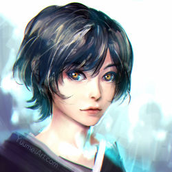 Rule 34 | 1girl, artist name, black hair, black shirt, blue eyes, close-up, closed mouth, heterochromia, lips, looking at viewer, original, portrait, shirt, short hair, simple background, smile, solo, upper body, white background, yellow eyes, yuumei