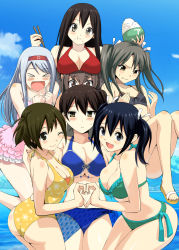 Rule 34 | &gt; &lt;, 10s, 6+girls, :d, :t, ;), akagi (kancolle), alternate costume, ass, bikini, black hair, blue eyes, blush, bowl, breast envy, breast rest, breasts, breasts on head, brown eyes, brown hair, chopsticks, day, eating, closed eyes, flat chest, flying sweatdrops, food, food on face, headband, heart, heart hands, highres, hiryuu (kancolle), kaga (kancolle), kantai collection, large breasts, long hair, looking at viewer, masukuza j, multiple girls, ocean, one eye closed, open mouth, rice, rice bowl, rice on face, sandals, sarong, short hair, shoukaku (kancolle), silver hair, sky, small breasts, smile, souryuu (kancolle), swimsuit, taihou (kancolle), twintails, wink, zuikaku (kancolle)