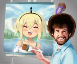Rule 34 | 1boy, :d, ^ ^, afro, amano pikamee, animal, bare shoulders, beard, bird, black hairband, blonde hair, blouse, blue shirt, bob ross, brown hair, closed eyes, collarbone, collared shirt, commentary, crossover, easel, english commentary, facial hair, green hair, grey background, grin, gyari (bird), hair between eyes, hairband, highres, holding, holding paintbrush, multicolored hair, mustache, off-shoulder shirt, off shoulder, open mouth, paintbrush, painting (object), parody, ramiigotcha, real life, realistic, sharp teeth, shirt, smile, solo focus, teeth, the joy of painting, twitter username, two-tone hair, virtual youtuber, voms, white shirt