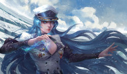 Rule 34 | 1girl, akame ga kill!, aura, blue eyes, blue hair, breasts, choker, cleavage, closed mouth, commentary request, esdeath, hat, highres, ice, junqi mu, large breasts, long hair, looking at viewer, military, military uniform, outstretched arms, peaked cap, snow, solo, uniform, very long hair