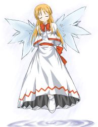 Rule 34 | 1girl, blonde hair, bow, closed eyes, dress, female focus, flying, full body, gradient background, lily white, solo, touhou, white background, wings