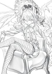 Rule 34 | 1girl, armchair, artist name, bonnet, bow, bowtie, buttons, catalina (clover theater), chair, closed mouth, clover theater, crossed legs, demon wings, fishnets, fkey, flower, frills, greyscale, hair between eyes, kodona, lolita fashion, long hair, long sleeves, makeup, monochrome, puffy shorts, rose, shirt, shorts, sitting, sketch, striped clothes, striped legwear, striped shirt, vampire, very long hair, wavy hair, wings
