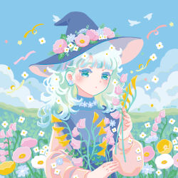Rule 34 | 1girl, :o, bird, blue eyes, blue hat, blue sky, blush, cloud, commentary request, curly hair, dove, earrings, field, flower, flower earrings, grass, green hair, hair flower, hair ornament, hat, hat flower, highres, hiro046k, holding, holding flower, jewelry, long hair, long sleeves, looking at viewer, mountainous horizon, original, outdoors, parted lips, pink flower, puffy long sleeves, puffy sleeves, sky, solo, star (symbol), twitter username, white flower, witch hat, yellow flower