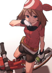 Rule 34 | 1girl, bandana, bicycle, bike shorts, black gloves, blue eyes, blush, bottle, brown hair, closed mouth, creatures (company), fu-ta, game freak, gloves, highres, holding, holding bottle, may (pokemon), nintendo, pokemon, pokemon rse, red bandana, short hair, smile, solo, sweat, two-tone gloves, white gloves