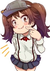 Rule 34 | 10s, 1girl, bad id, bad pixiv id, blush stickers, brown eyes, brown hair, kantai collection, magatama, miniskirt, no jacket, perspective, pleated skirt, pointing, ryuujou (kancolle), skirt, smile, solo, suspenders, twintails, visor cap, yukinojou yakan