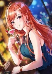 Rule 34 | 1girl, ahoge, arisugawa natsuha, bar (place), blurry, blush, bokeh, cherry, cocktail, cocktail glass, cup, depth of field, drinking glass, earrings, food, fruit, glint, grin, highres, holding, holding cup, idolmaster, idolmaster shiny colors, indoors, jewelry, long hair, looking at viewer, orange hair, shinishi chiho, shirt, sleeveless, sleeveless shirt, smile, solo, sparkle, straight hair, swept bangs, upper body, very long hair, watch, wristwatch