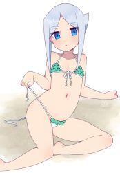 Rule 34 | 10s, 1girl, bare arms, bare shoulders, bikini, blue eyes, blue hair, blush, collarbone, eyes visible through hair, female focus, flat chest, frilled bikini, frills, front-tie bikini top, front-tie top, future card buddyfight, looking at viewer, moyori, navel, parted lips, short hair with long locks, side-tie bikini bottom, signature, sofia sakharov, solo, swimsuit, untied bikini