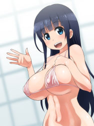 Rule 34 | 1girl, anitore! ex, bare arms, bare shoulders, bikini, bikini top only, blue eyes, blue hair, blush, breasts, covered erect nipples, elf k, hand on own chest, highres, hip focus, large breasts, long hair, looking at viewer, matching hair/eyes, navel, open mouth, saotome shizuno, simple background, smile, solo, standing, swimsuit, upper body, waving, white bikini