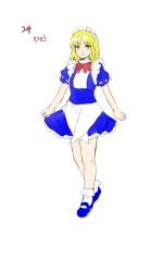 Rule 34 | 1girl, absurdres, apron, blonde hair, blue footwear, bobby socks, bow, bowtie, closed mouth, collared dress, commentary request, derivative work, dress, frilled dress, frills, full body, highres, korean commentary, kuya (hey36253625), looking at viewer, lotus land story, maid, maid headdress, mary janes, mugetsu (touhou), puffy short sleeves, puffy sleeves, red bow, red bowtie, ribbon-trimmed sleeves, ribbon trim, shoes, short hair, short sleeves, simple background, smile, socks, standing, touhou, touhou (pc-98), translation request, waist apron, white apron, white background, white socks, yellow eyes