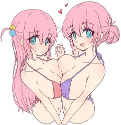 Rule 34 | 2girls, :d, bikini, blue eyes, blush, bocchi the rock!, breast press, breasts, collarbone, commentary request, gotoh hitori, gotoh michiyo, hair bun, heart, highres, holding hands, large breasts, long hair, looking at viewer, mel (melty pot), mother and daughter, multiple girls, one side up, open mouth, pink bikini, pink hair, purple bikini, single hair bun, smile, sweatdrop, swimsuit, symmetrical docking