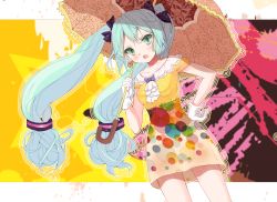 Rule 34 | 1girl, aqua hair, bad id, bad pixiv id, dress, feliceada, gloves, green eyes, hand on own hip, hatsune miku, highres, hip focus, long hair, open mouth, parasol, solo, twintails, umbrella, very long hair, vocaloid, white gloves, xiawenting