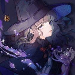 Rule 34 | 1girl, blunt bangs, bottle, bow, brown eyes, brown hair, hat, highres, holding, holding bottle, i became a god in a horror game, liquid, liu jiayi, long hair, looking at viewer, red bow, shengshu492, solo, upper body, witch hat