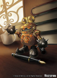 Rule 34 | book, coffee, copyright name, force of will, highres, ko-ran, mace, mechanical legs, no humans, non-humanoid robot, official art, pen, robot, solo, standing, weapon, window