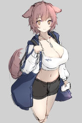 Rule 34 | 1girl, absurdres, animal ears, bad id, bad pixiv id, black shorts, blue jacket, breasts, brown eyes, brown hair, cleavage, collarbone, crop top, cropped legs, dog ears, dog girl, dog tags, dog tail, grey background, highres, jacket, kurohikage, large breasts, long sleeves, looking at viewer, midriff, navel, open clothes, open jacket, original, raglan sleeves, shirt, short hair, short shorts, shorts, simple background, sketch, smile, solo, stomach, tail, thighs, white shirt