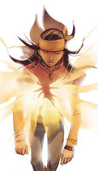 Rule 34 | 1boy, apache chief, black hair, bracelet, dark skin, dc comics, denim, dog tags, dou hong, closed eyes, glowing, headband, jacket, jeans, jewelry, long shadow, male focus, necklace, pants, solo, tye longshadow, white background, young justice: invasion