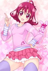 Rule 34 | 1girl, aida mana, blouse, blush, bow, character name, creature, dokidoki! precure, flipped hair, hair bow, half updo, heart, heart background, index finger raised, jewel (the black canvas), miniskirt, panties, pantyshot, pink background, pink eyes, pink hair, pink shirt, pink skirt, precure, purple thighhighs, sharuru (dokidoki! precure), shirt, short hair, skirt, smile, striped clothes, striped shirt, thighhighs, underwear, upskirt, white panties