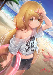 Rule 34 | 1girl, arm up, beach, bikini tan, black shorts, blonde hair, brown eyes, closed mouth, clothes writing, commentary request, dated, day, futaba anzu, hair between eyes, horizon, idolmaster, idolmaster cinderella girls, innertube, long hair, looking at viewer, low twintails, ocean, off shoulder, outdoors, palm tree, sand, see-through, shirt, short shorts, short sleeves, shorts, signature, solo, stuffed animal, stuffed rabbit, stuffed toy, summer, sweat, swim ring, tan, tanline, tree, twintails, very long hair, water, wet, wet clothes, wet shirt, white shirt, xiaoyu, you work you lose