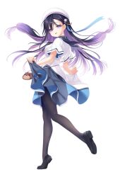 Rule 34 | 1girl, anemoi, black hair, dress, floating hair, full body, gradient hair, hair ornament, hat, hayakawa rikka, long hair, looking at viewer, multicolored hair, na-ga, official art, open mouth, pantyhose, purple eyes, purple hair, skirt hold, smile, solo, star (symbol), star hair ornament, transparent background, two-tone hair, white hat