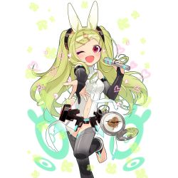 Rule 34 | 1girl, animal ears, anklet, artist request, barefoot, clock, cosplay, detached sleeves, green hair, hatsune miku, hatsune miku (cosplay), highres, jewelry, kokuhime rabbit-white (uchi no hime-sama ga ichiban kawaii), long hair, microphone, one eye closed, open mouth, red eyes, smile, solo, toeless legwear, toes, transparent background, twintails, uchi no hime-sama ga ichiban kawaii, very long hair, vocaloid, vocaloid append